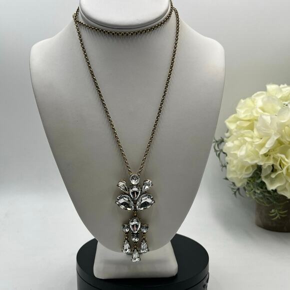 J. Crew Gold Tone Clear Rhinestone Flower Cluster Pendant Long Necklace - Picture 1 of 10